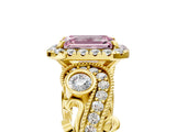 Yellow gold Fancy Pink Emerald Cut Halo Diamond Ring with Milgrain and Bezel Accents on a Split Shank Band_17