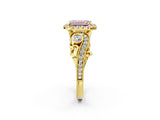Yellow gold Fancy Pink Emerald Cut Halo Diamond Ring with Milgrain and Bezel Accents on a Split Shank Band_26