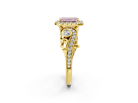 Yellow gold Fancy Pink Emerald Cut Halo Diamond Ring with Milgrain and Bezel Accents on a Split Shank Band_2