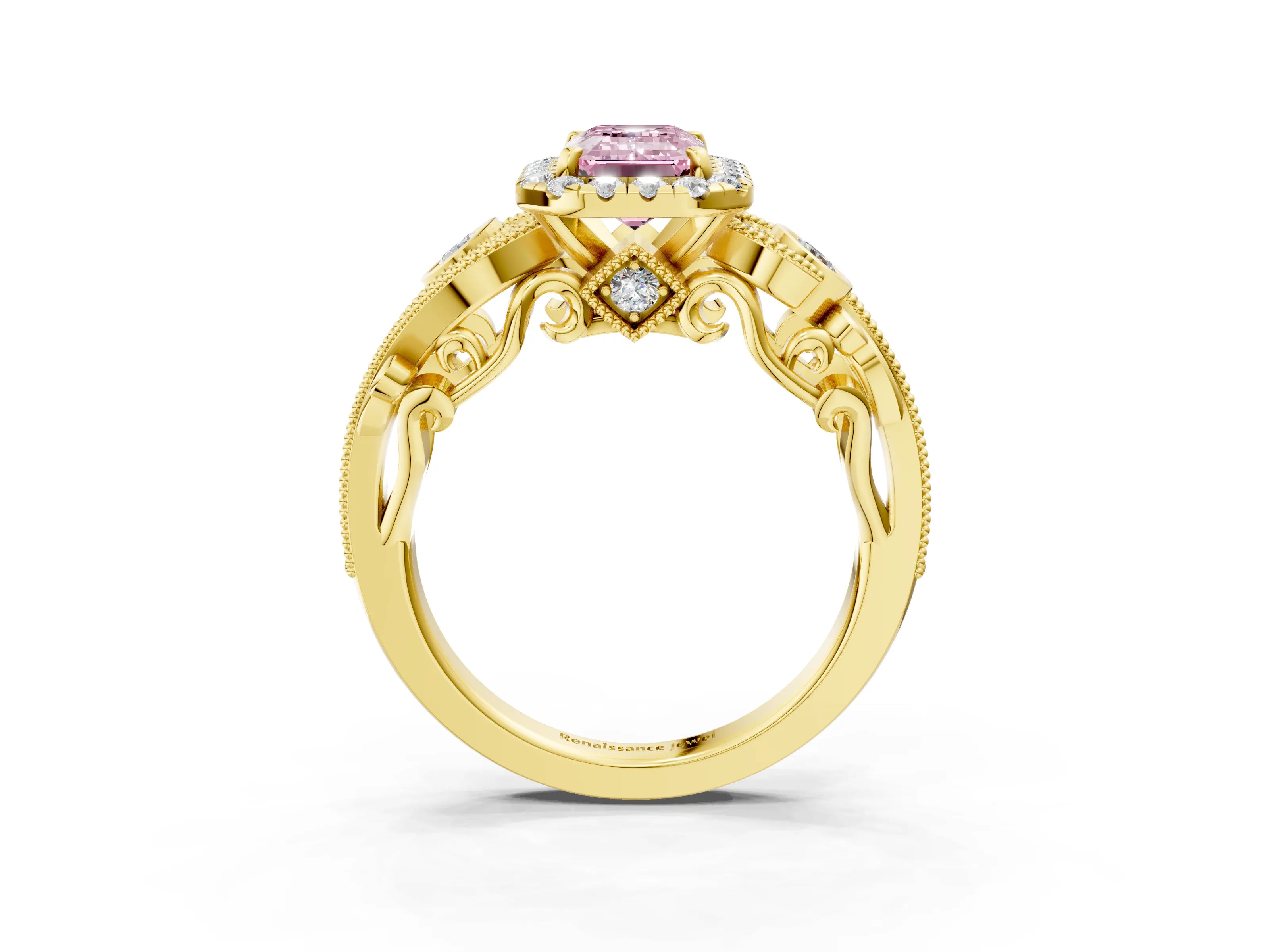 Yellow gold Fancy Pink Emerald Cut Halo Diamond Ring with Milgrain and Bezel Accents on a Split Shank Band_3