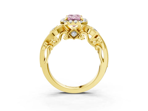 Yellow gold Fancy Pink Emerald Cut Halo Diamond Ring with Milgrain and Bezel Accents on a Split Shank Band_3