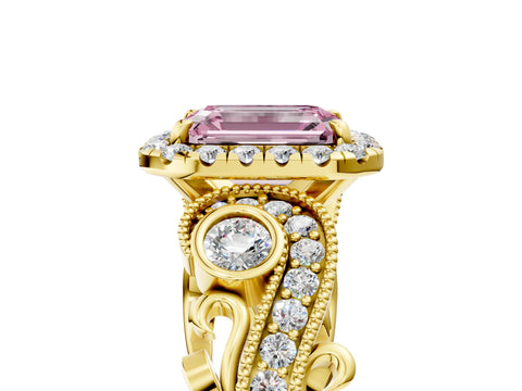 Yellow gold Fancy Pink Emerald Cut Halo Diamond Ring with Milgrain and Bezel Accents on a Split Shank Band_5