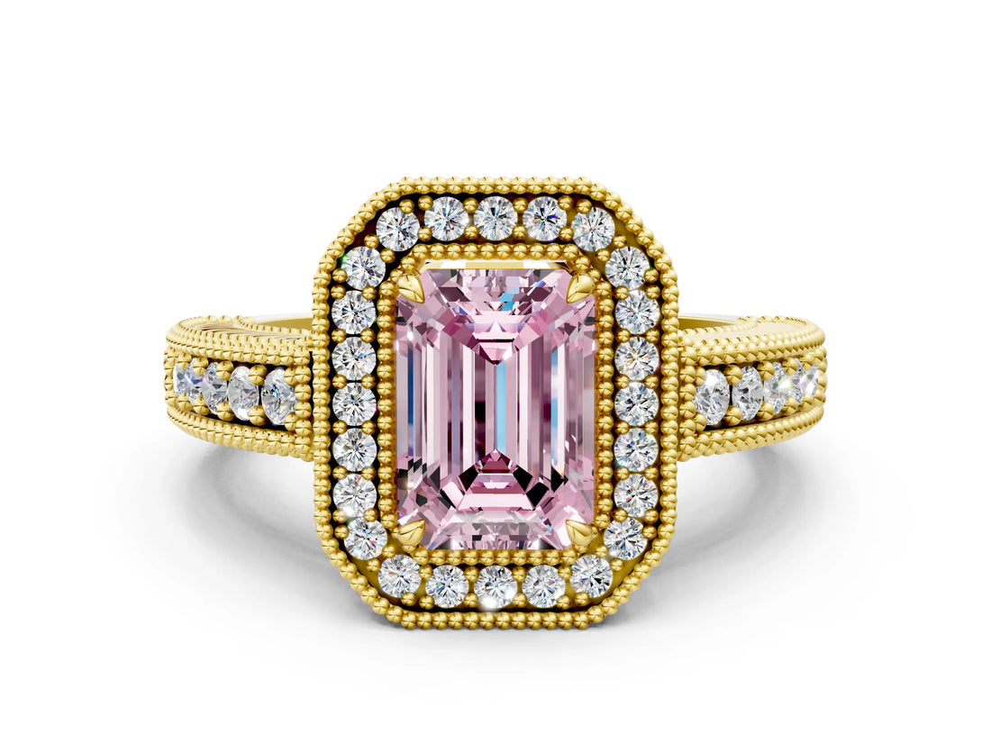 Yellow gold Fancy Pink Emerald  Cut Halo Diamond Ring with Pavé Band and Four-Prong Setting_69