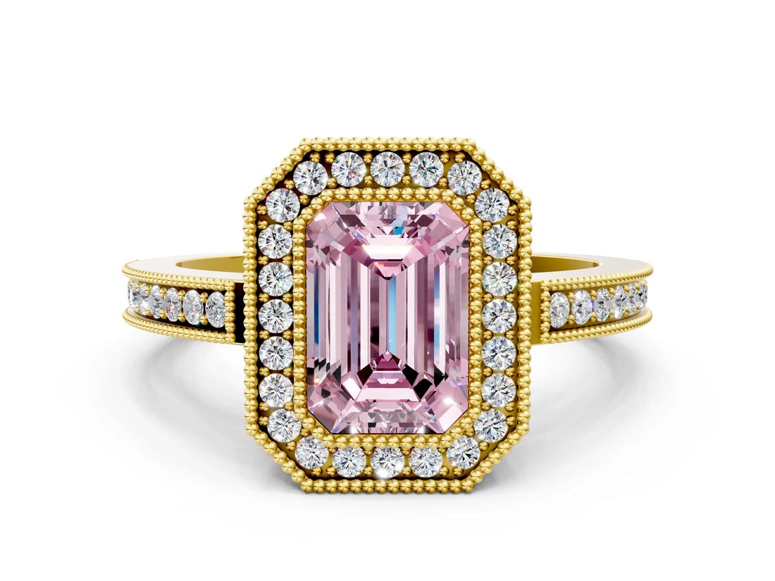 Yellow gold Fancy Pink Emerald  Cut Halo Diamond Ring with Pavé Band and Milgrain Prong Setting_32