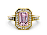 Yellow gold Fancy Pink Emerald  Cut Halo Diamond Ring with Pavé Band and Milgrain Prong Setting_32