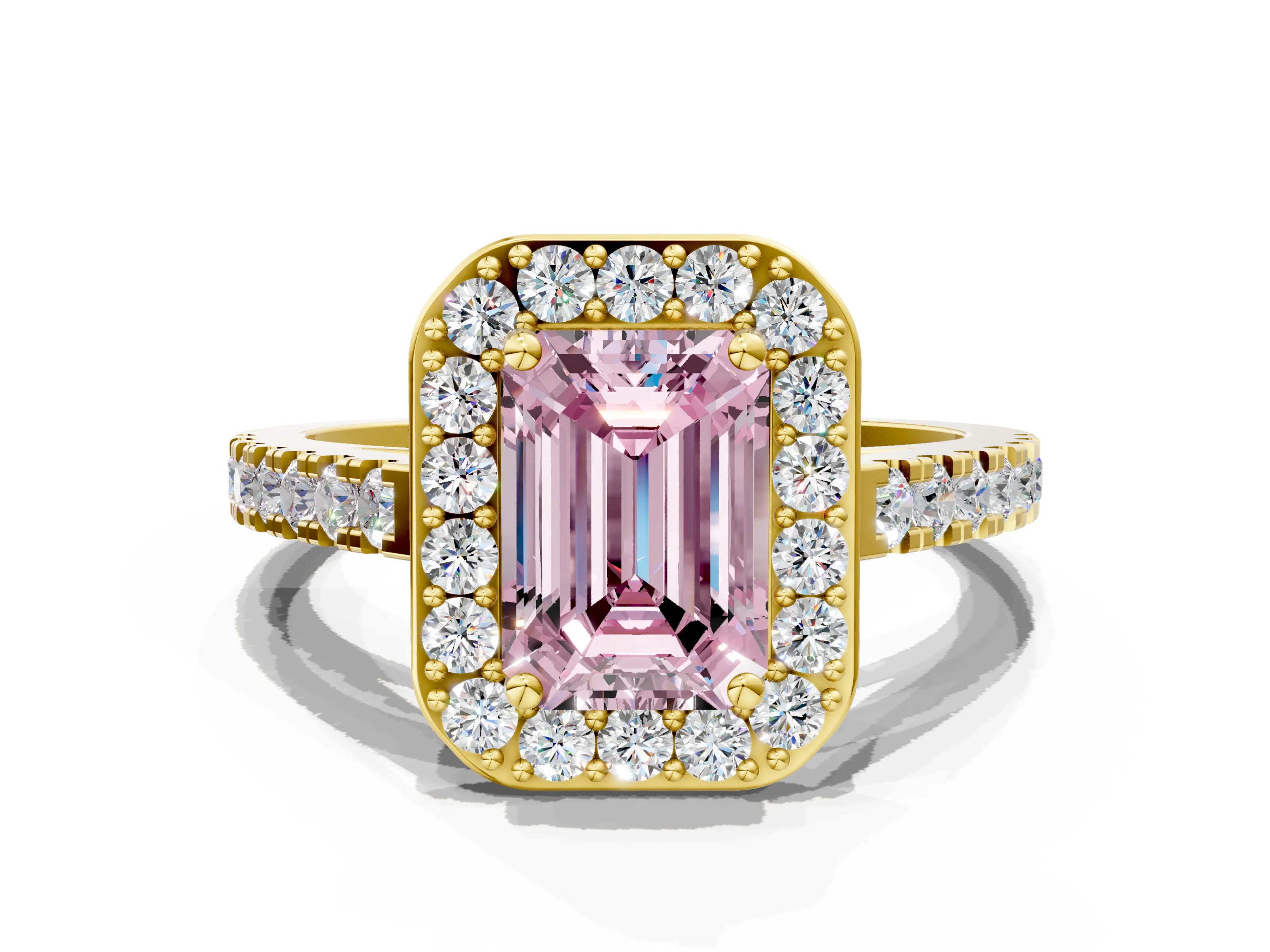 Yellow gold Fancy Pink Emerald Cut Halo Diamond Ring with Pavé Band and Three-Prong Setting