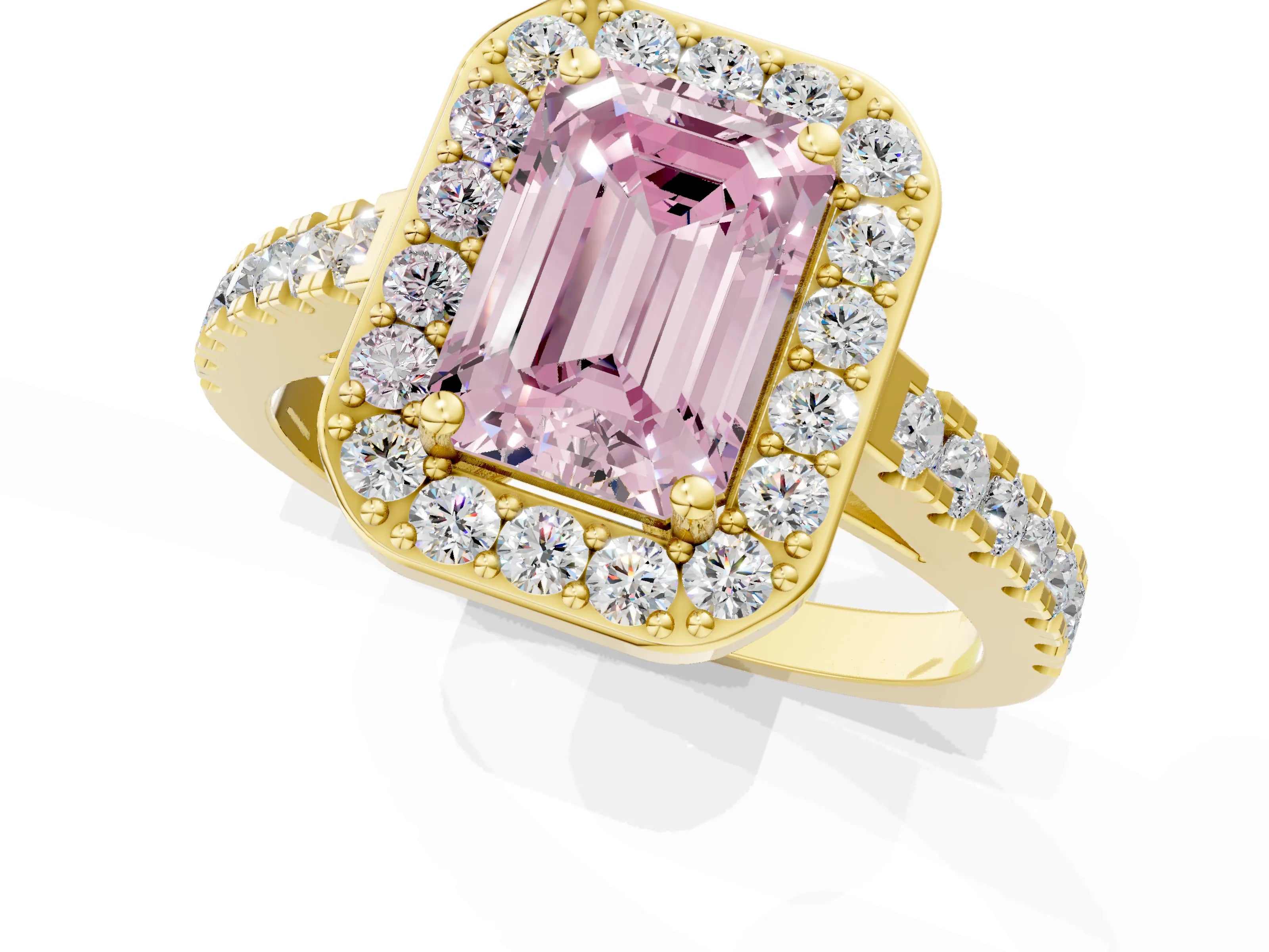 Yellow gold Fancy Pink Emerald Cut Halo Diamond Ring with Pavé Band and Three-Prong Setting_1