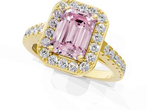 Yellow gold Fancy Pink Emerald Cut Halo Diamond Ring with Pavé Band and Three-Prong Setting_1