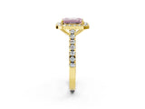 Yellow gold Fancy Pink Emerald Cut Halo Diamond Ring with Pavé Band and Three-Prong Setting_2