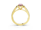 Yellow gold Fancy Pink Emerald Cut Halo Diamond Ring with Pavé Band and Three-Prong Setting_3