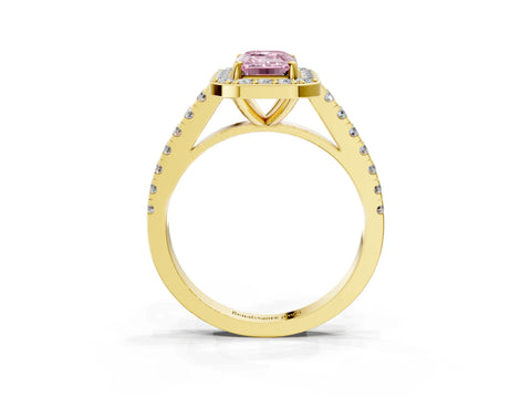 Yellow gold Fancy Pink Emerald Cut Halo Diamond Ring with Pavé Band and Three-Prong Setting_3