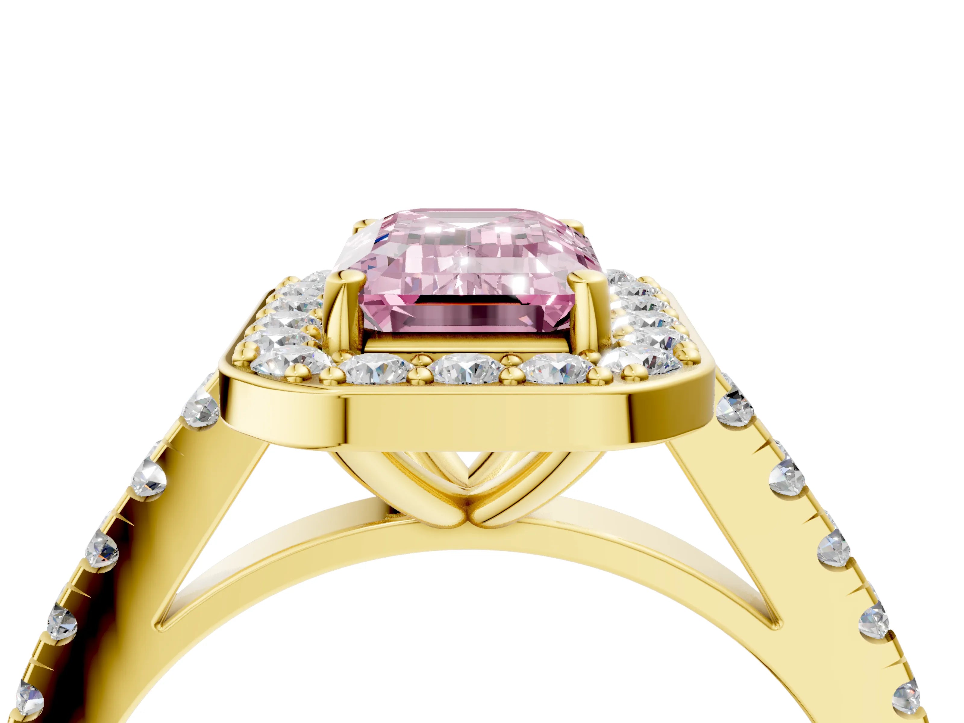 Yellow gold Fancy Pink Emerald Cut Halo Diamond Ring with Pavé Band and Three-Prong Setting_4