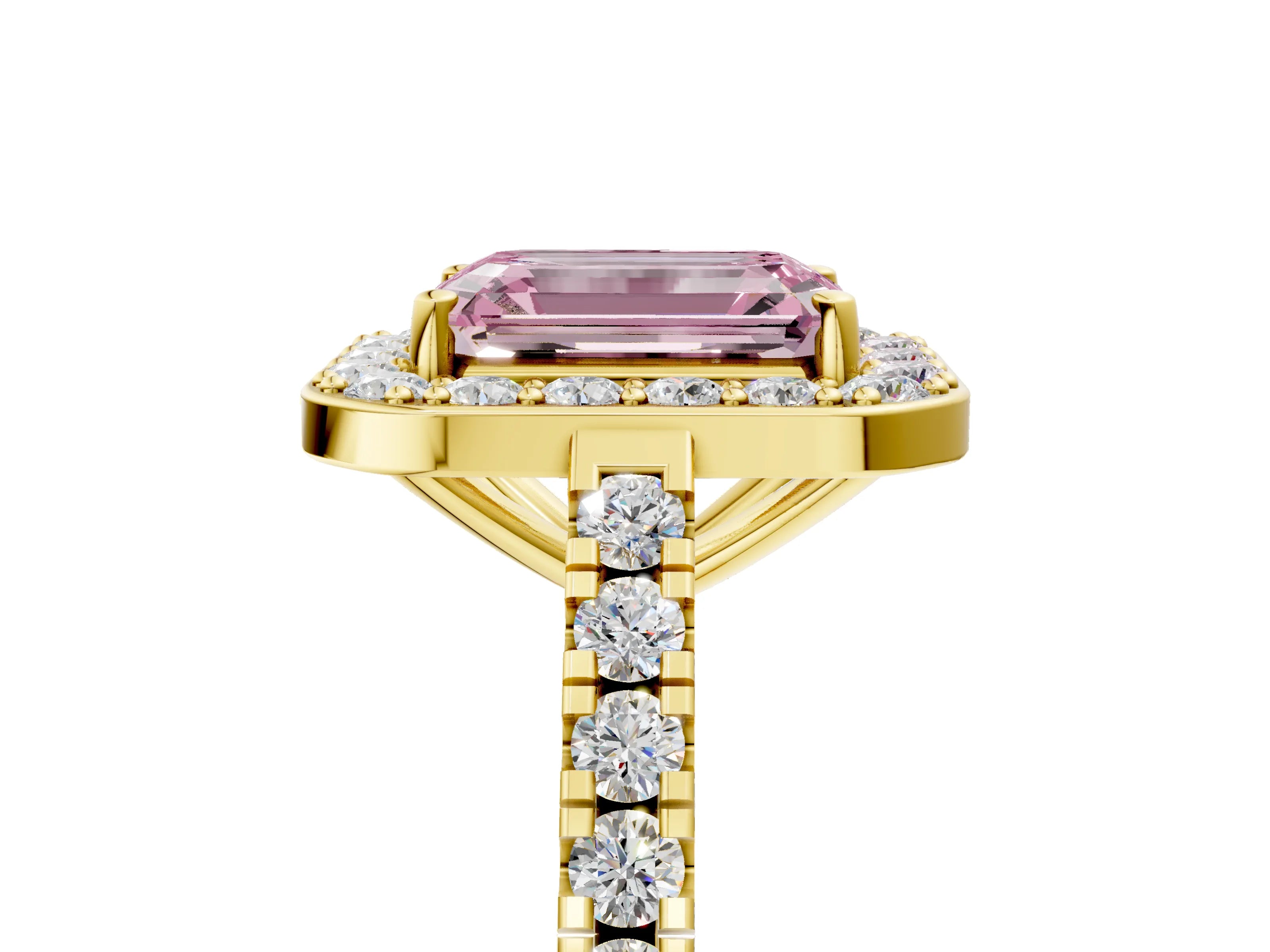 Yellow gold Fancy Pink Emerald Cut Halo Diamond Ring with Pavé Band and Three-Prong Setting_5