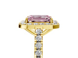 Yellow gold Fancy Pink Emerald Cut Halo Diamond Ring with Pavé Band and Three-Prong Setting_5