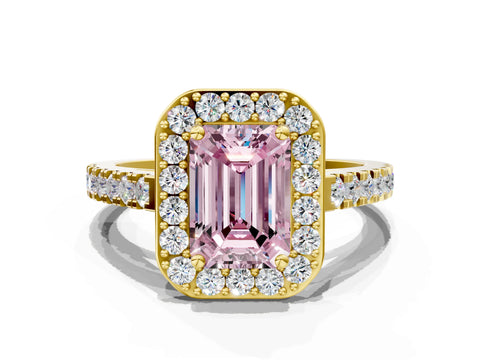 Yellow gold Fancy Pink Emerald Cut Halo Diamond Ring with Pavé Band and Three-Prong Setting