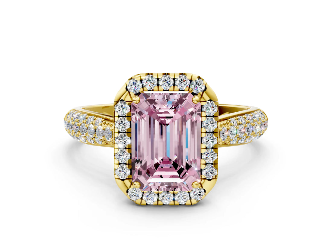 Yellow gold Fancy Pink Emerald Cut Halo Diamond Ring with Pavé Band