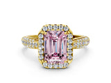 Yellow gold Fancy Pink Emerald Cut Halo Diamond Ring with Pavé Band