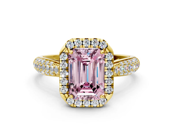 Yellow gold Fancy Pink Emerald Cut Halo Diamond Ring with Pavé Band