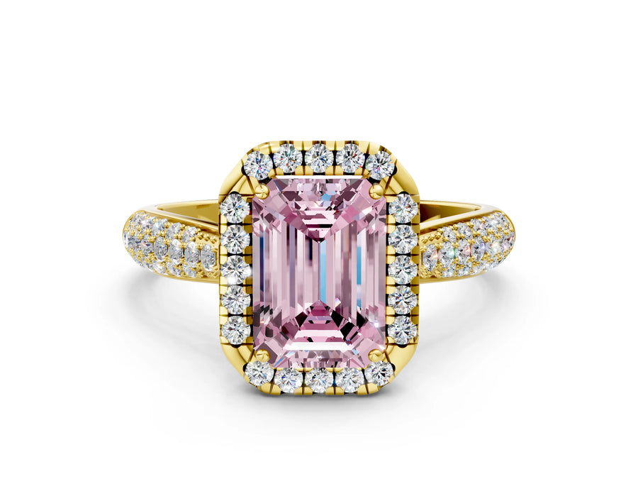 Yellow gold Fancy Pink Emerald Cut Halo Diamond Ring with Pavé Band