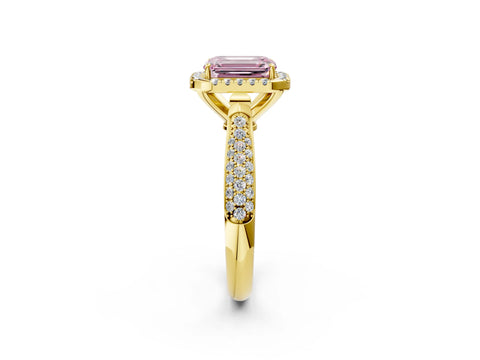 Yellow gold Fancy Pink Emerald Cut Halo Diamond Ring with Pavé Band_2
