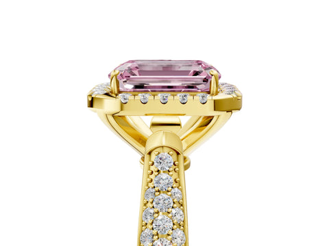 Yellow gold Fancy Pink Emerald Cut Halo Diamond Ring with Pavé Band_5