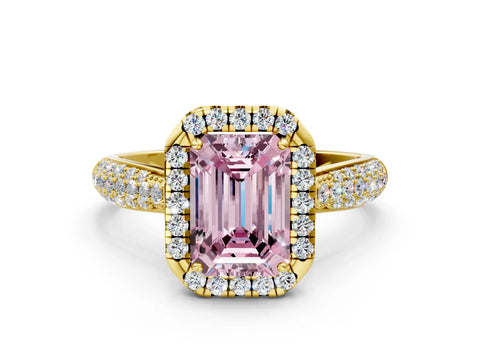 Yellow gold Fancy Pink Emerald Cut Halo Diamond Ring with Pavé Band