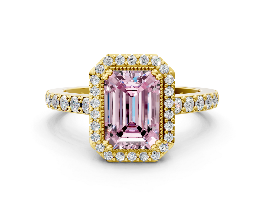 Yellow gold Fancy Pink Emerald  Cut Halo Diamond Ring with Pave Band and Four-Prong Setting_24