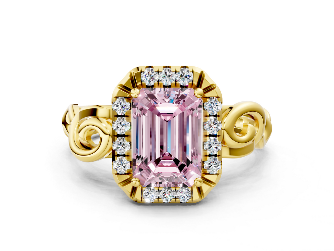 Yellow gold Fancy Pink Emerald  Cut Halo Diamond Ring with Scrollwork Band and Four-Prong Setting_101