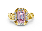 Yellow gold Fancy Pink Emerald  Cut Halo Diamond Ring with Scrollwork Band and Four-Prong Setting_101