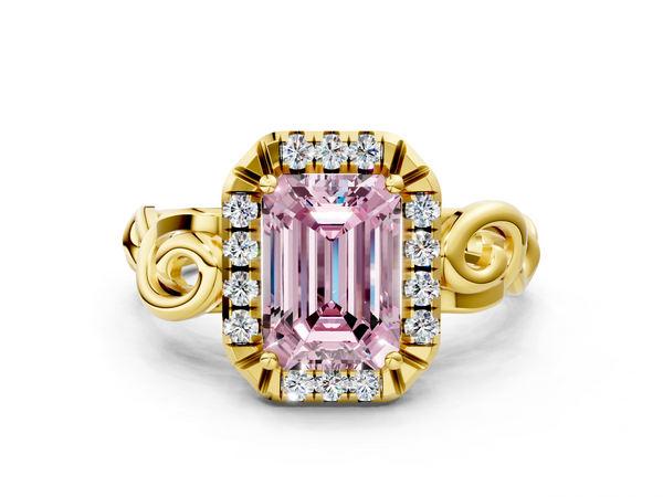 Yellow gold Fancy Pink Emerald  Cut Halo Diamond Ring with Scrollwork Band and Four-Prong Setting