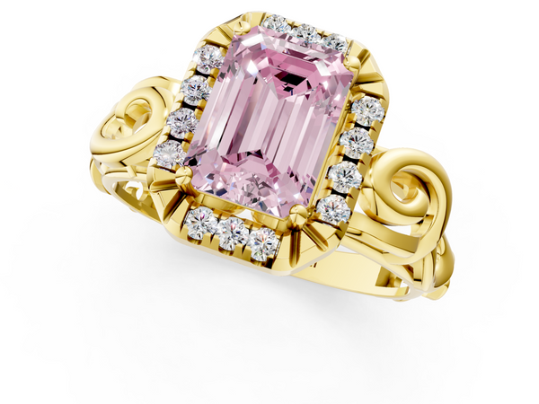 Yellow gold Fancy Pink Emerald  Cut Halo Diamond Ring with Scrollwork Band and Four-Prong Setting