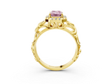 Yellow gold Fancy Pink Emerald  Cut Halo Diamond Ring with Scrollwork Band and Four-Prong Setting_104