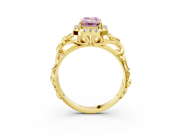 Yellow gold Fancy Pink Emerald  Cut Halo Diamond Ring with Scrollwork Band and Four-Prong Setting