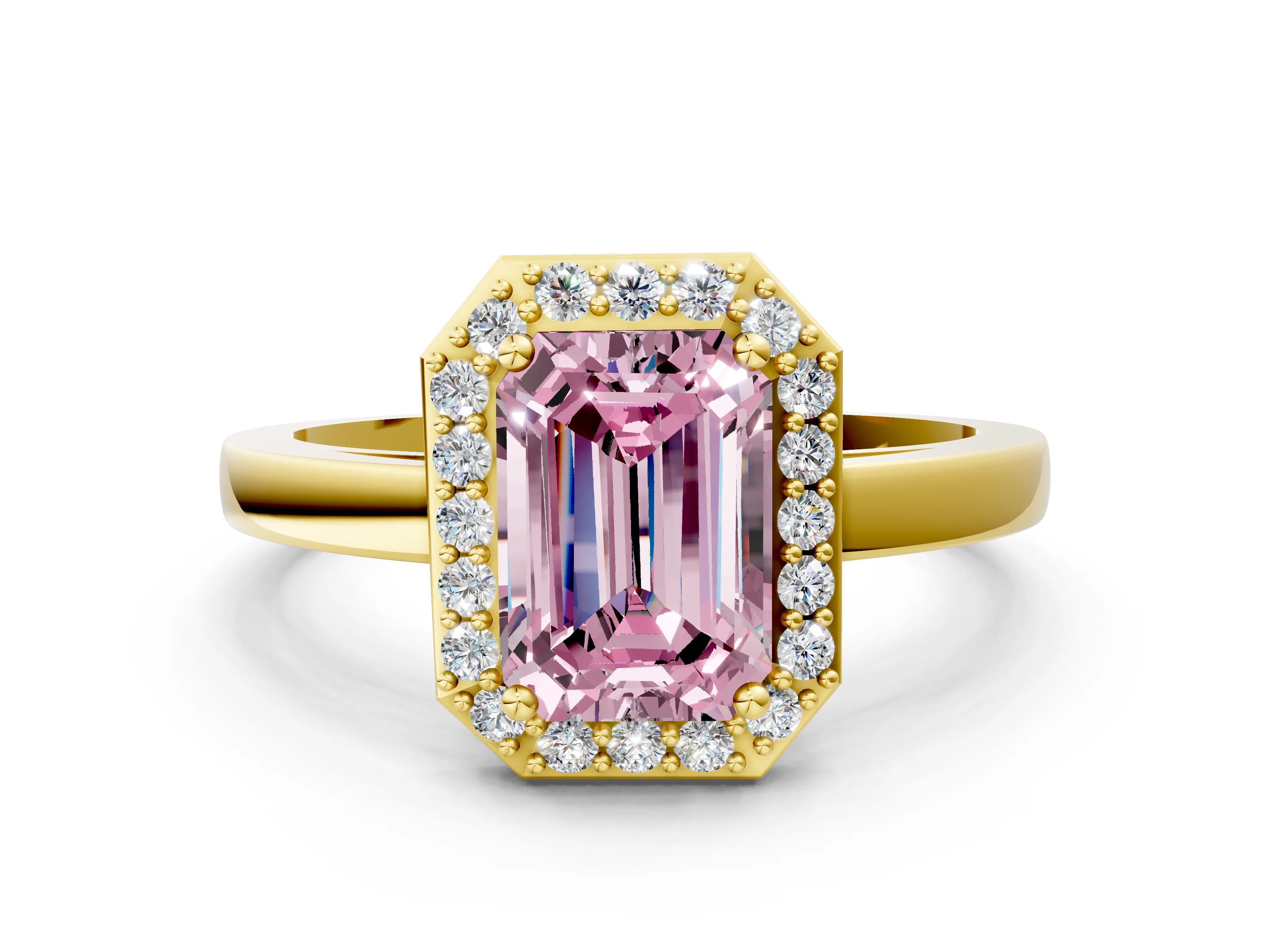 Yellow gold Fancy Pink Emerald Cut Halo Diamond Ring with Solitaire Band and Prong Setting