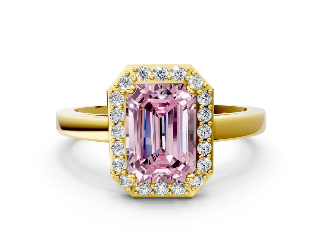 Yellow gold Fancy Pink Emerald Cut Halo Diamond Ring with Solitaire Band and Prong Setting