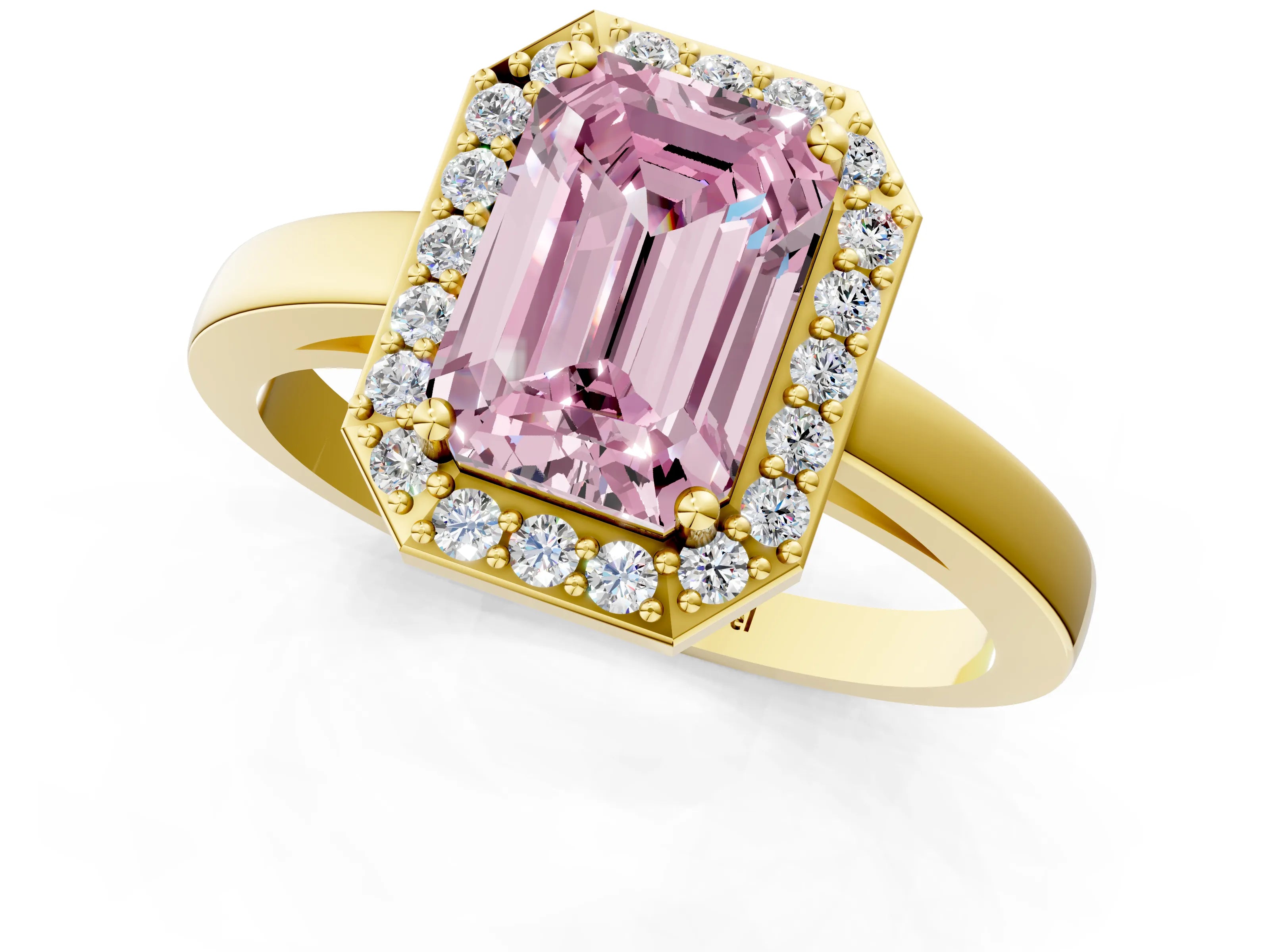 Yellow gold Fancy Pink Emerald Cut Halo Diamond Ring with Solitaire Band and Prong Setting_1