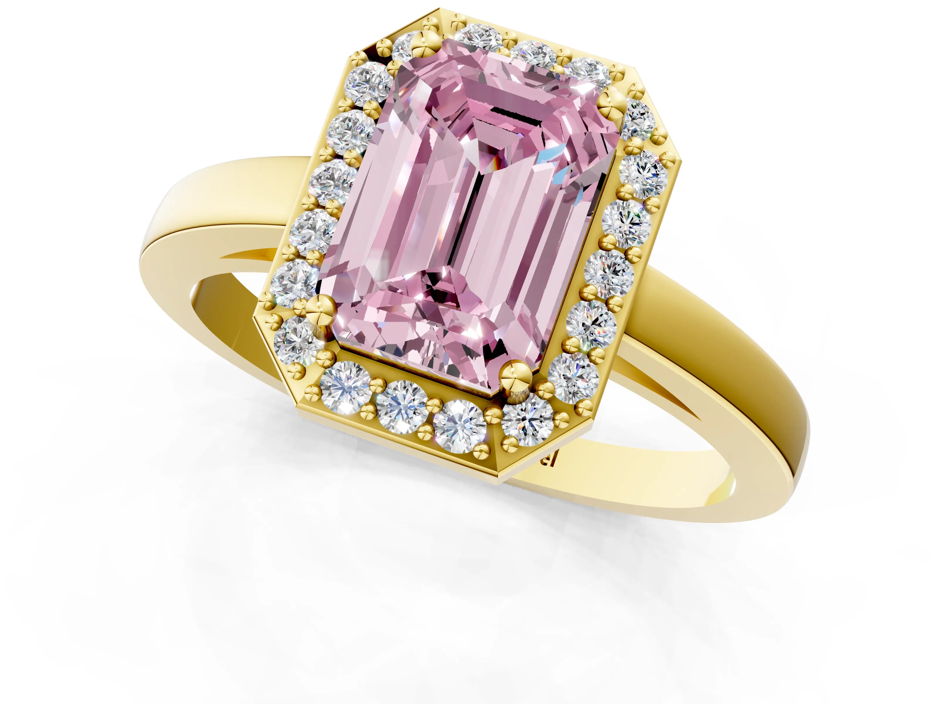 Yellow gold Fancy Pink Emerald Cut Halo Diamond Ring with Solitaire Band and Prong Setting_25