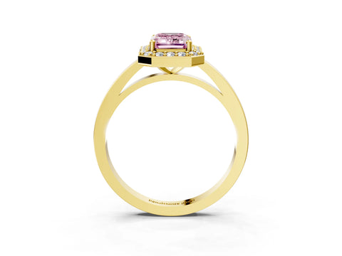 Yellow gold Fancy Pink Emerald Cut Halo Diamond Ring with Solitaire Band and Prong Setting_27