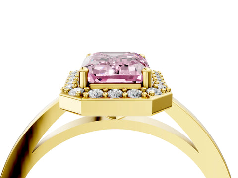 Yellow gold Fancy Pink Emerald Cut Halo Diamond Ring with Solitaire Band and Prong Setting_28