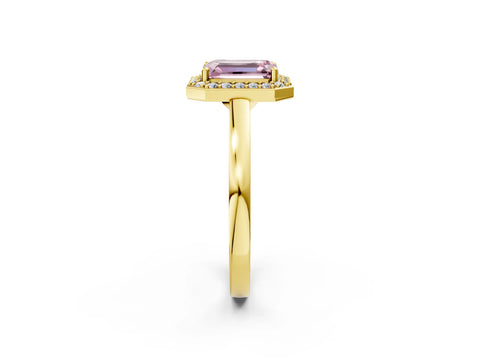 Yellow gold Fancy Pink Emerald Cut Halo Diamond Ring with Solitaire Band and Prong Setting_2