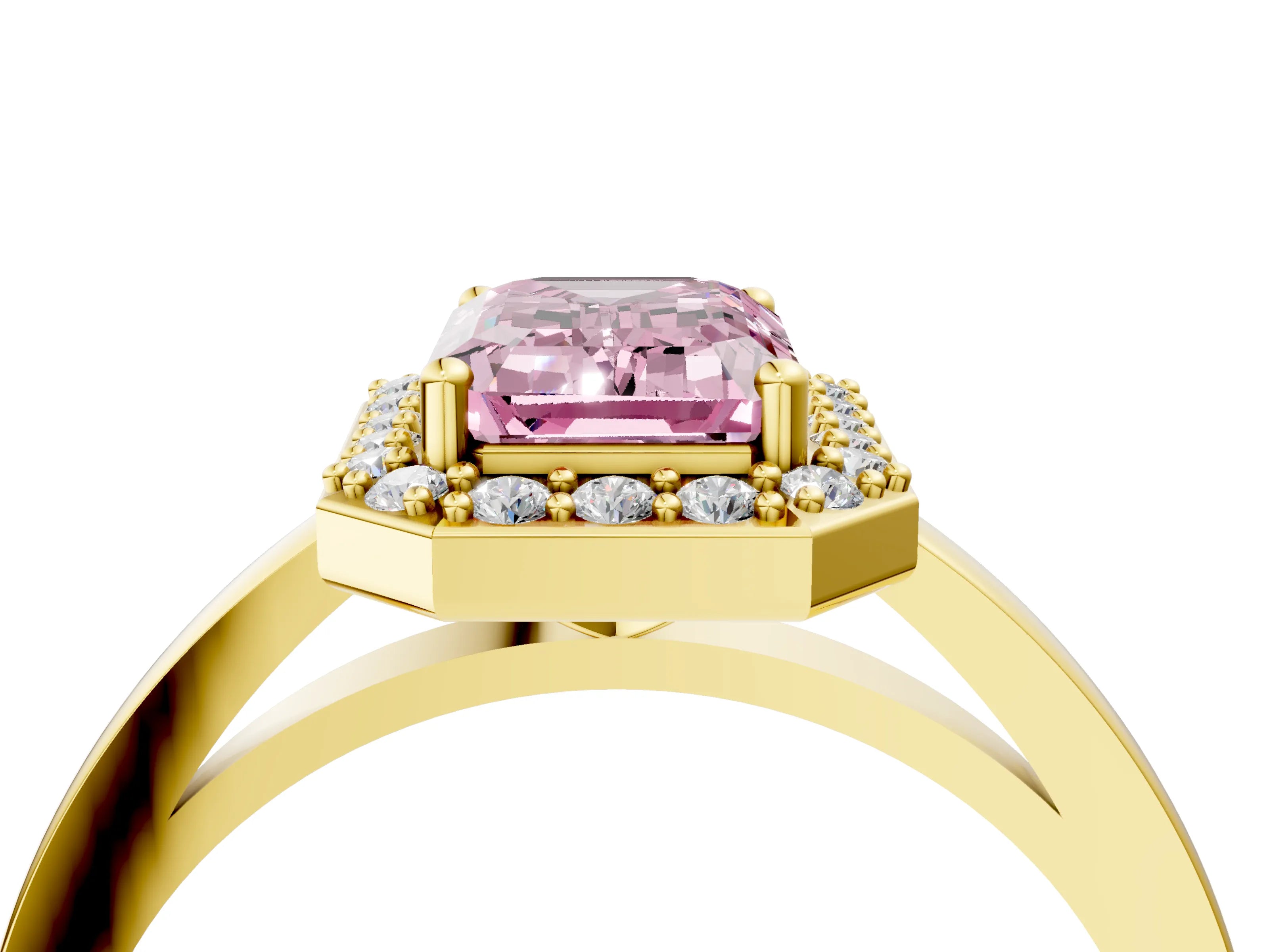 Yellow gold Fancy Pink Emerald Cut Halo Diamond Ring with Solitaire Band and Prong Setting_4