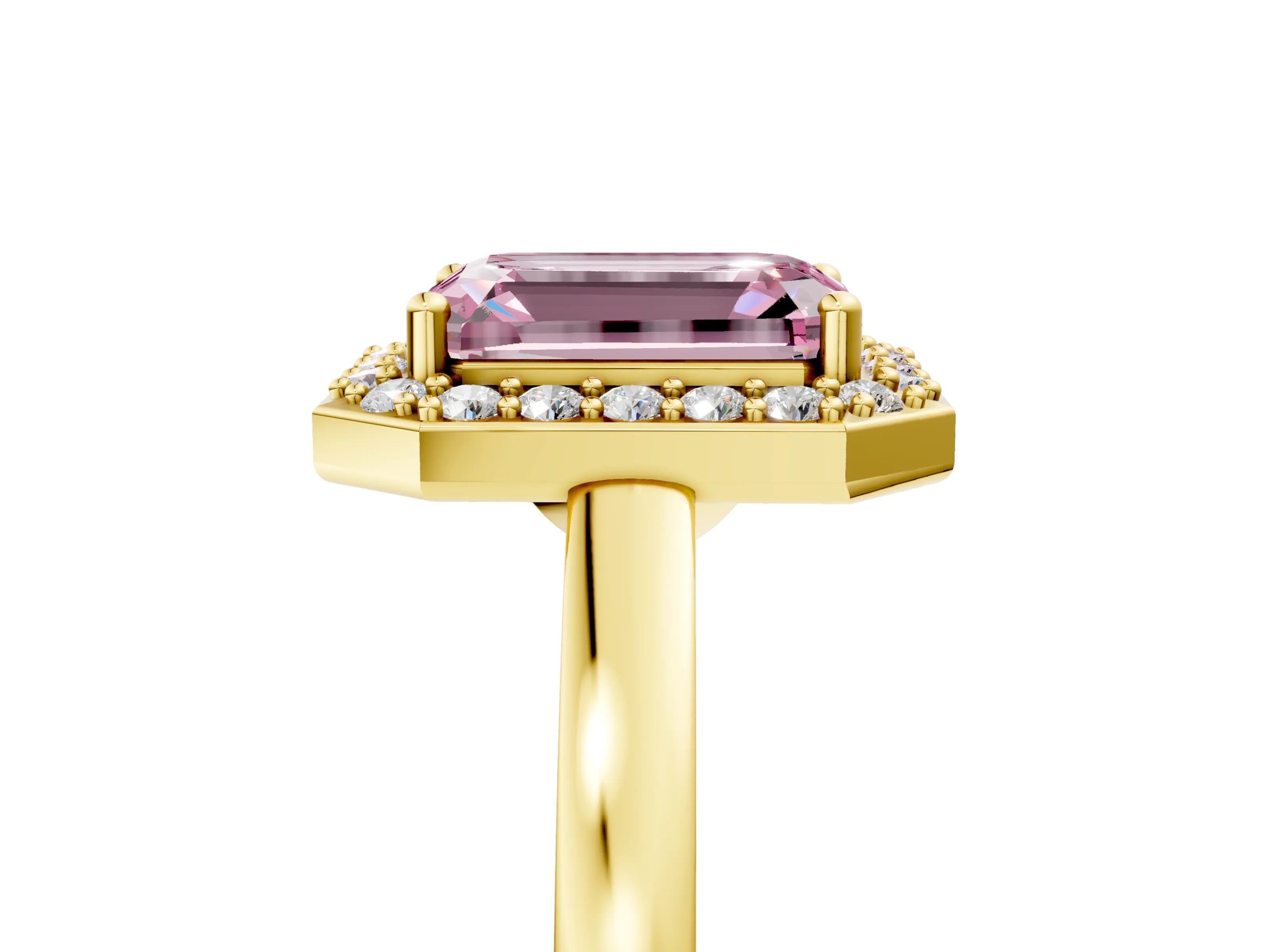 Yellow gold Fancy Pink Emerald Cut Halo Diamond Ring with Solitaire Band and Prong Setting_5