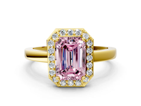 Yellow gold Fancy Pink Emerald Cut Halo Diamond Ring with Solitaire Band and Prong Setting