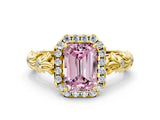 Yellow gold Fancy Pink Emerald Cut Halo Diamond Solitaire with Filigree Band and Four-Prong Setting