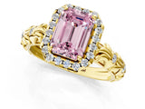 Yellow gold Fancy Pink Emerald Cut Halo Diamond Solitaire with Filigree Band and Four-Prong Setting_1