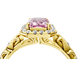 Yellow gold Fancy Pink Emerald Cut Halo Diamond Solitaire with Filigree Band and Four-Prong Setting_4