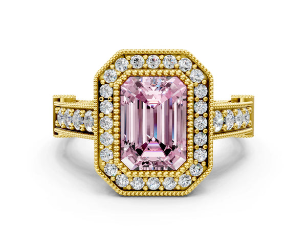 Yellow Gold Emerald Cut Vintage Bezel Halo Engagement Ring Setting for Fancy Pink Center