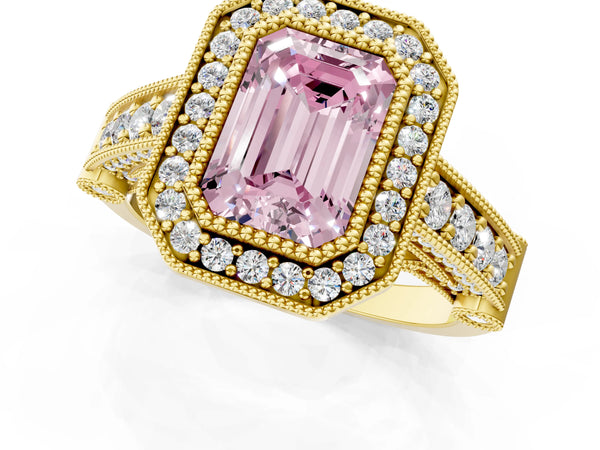 Yellow Gold Emerald Cut Vintage Bezel Halo Engagement Ring Setting for Fancy Pink Center