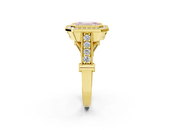 Yellow Gold Emerald Cut Vintage Bezel Halo Engagement Ring Setting for Fancy Pink Center