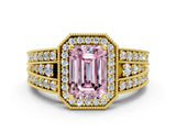 Yellow gold Fancy Pink Emerald Cut Halo Diamond Split Shank Ring with Prong Setting